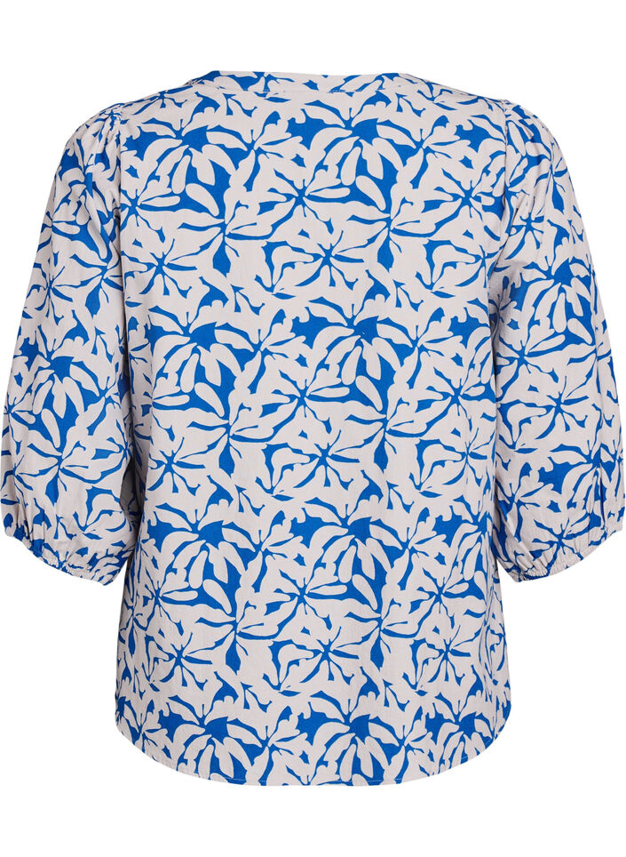 3/4 sleeve cotton blouse with flowers, Blue, Packshot image number 1