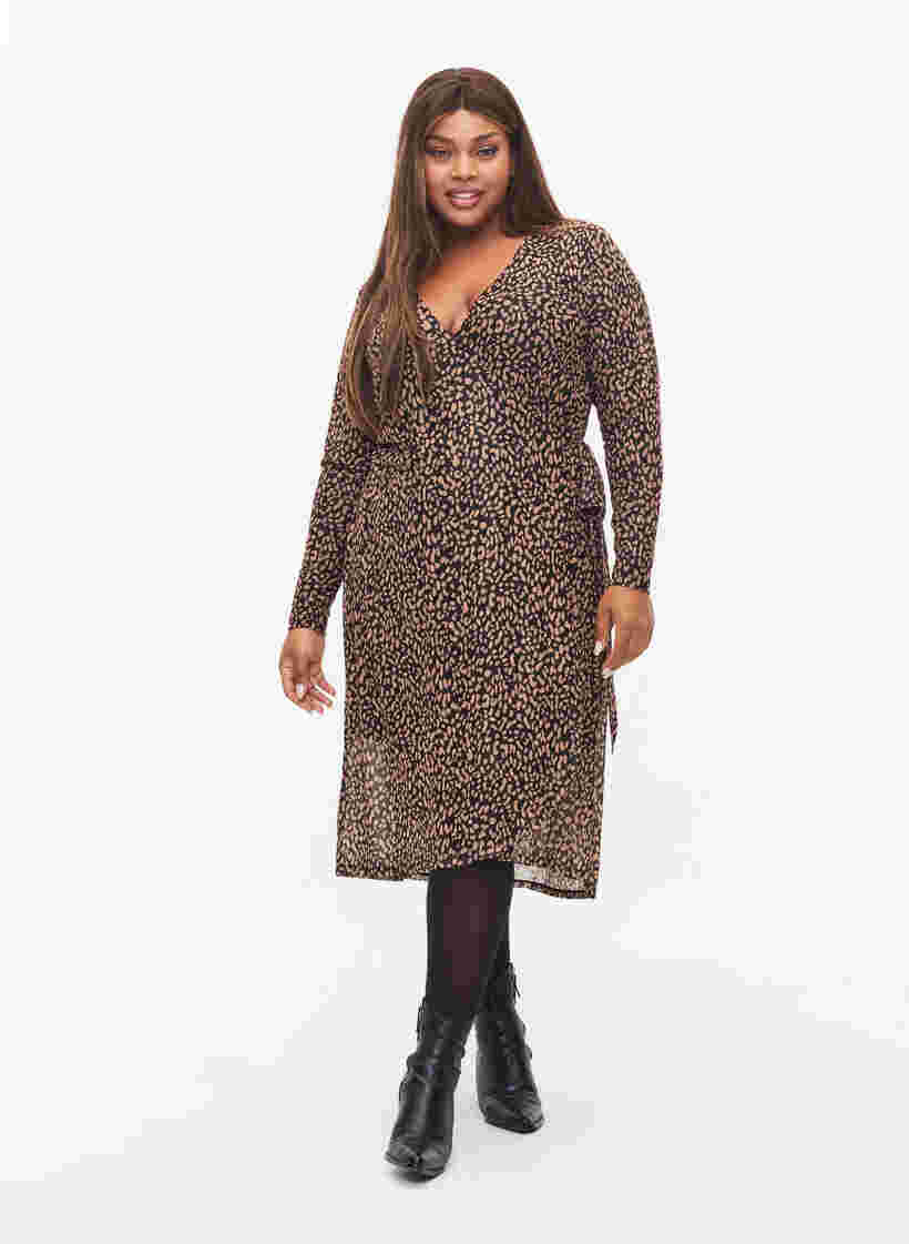 Printed wrap dress in mesh, Black Brown, Model
