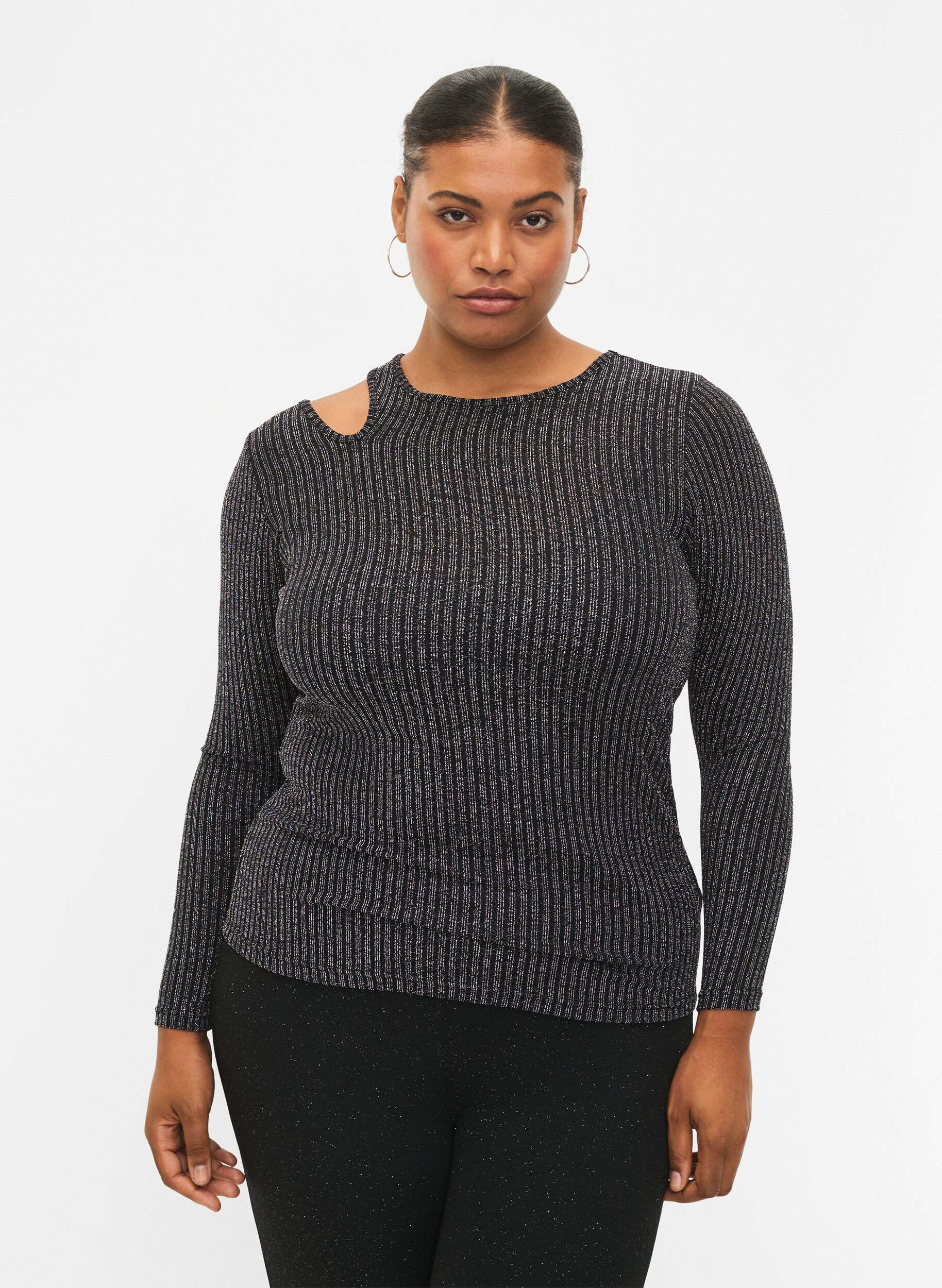 Zizzifashion Long sleeve cut-out blouse with glitter, B. w. Silver Stripes, Model image number 0