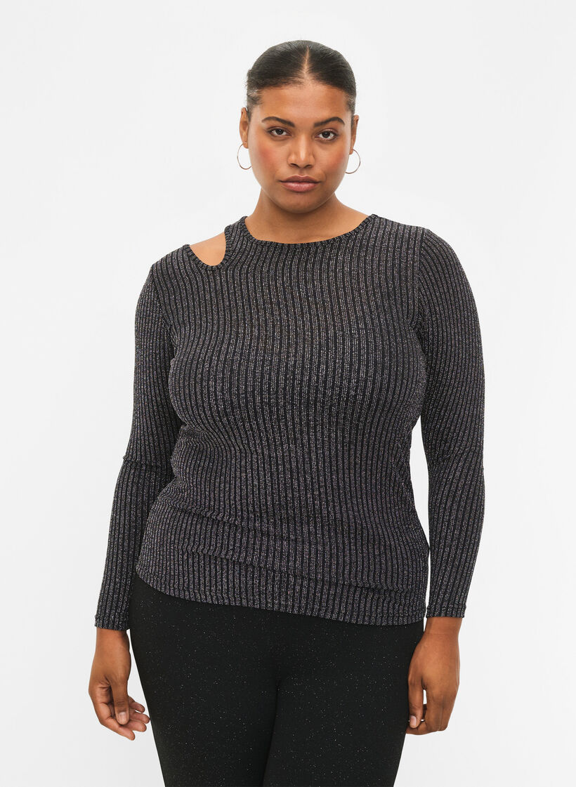 Long sleeve cut-out blouse with glitter, B. w. Silver Stripes, Model image number 0