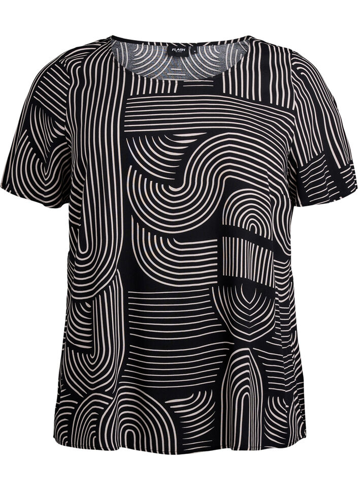 Short sleeve viscose blouse with print, Black, Packshot image number 0