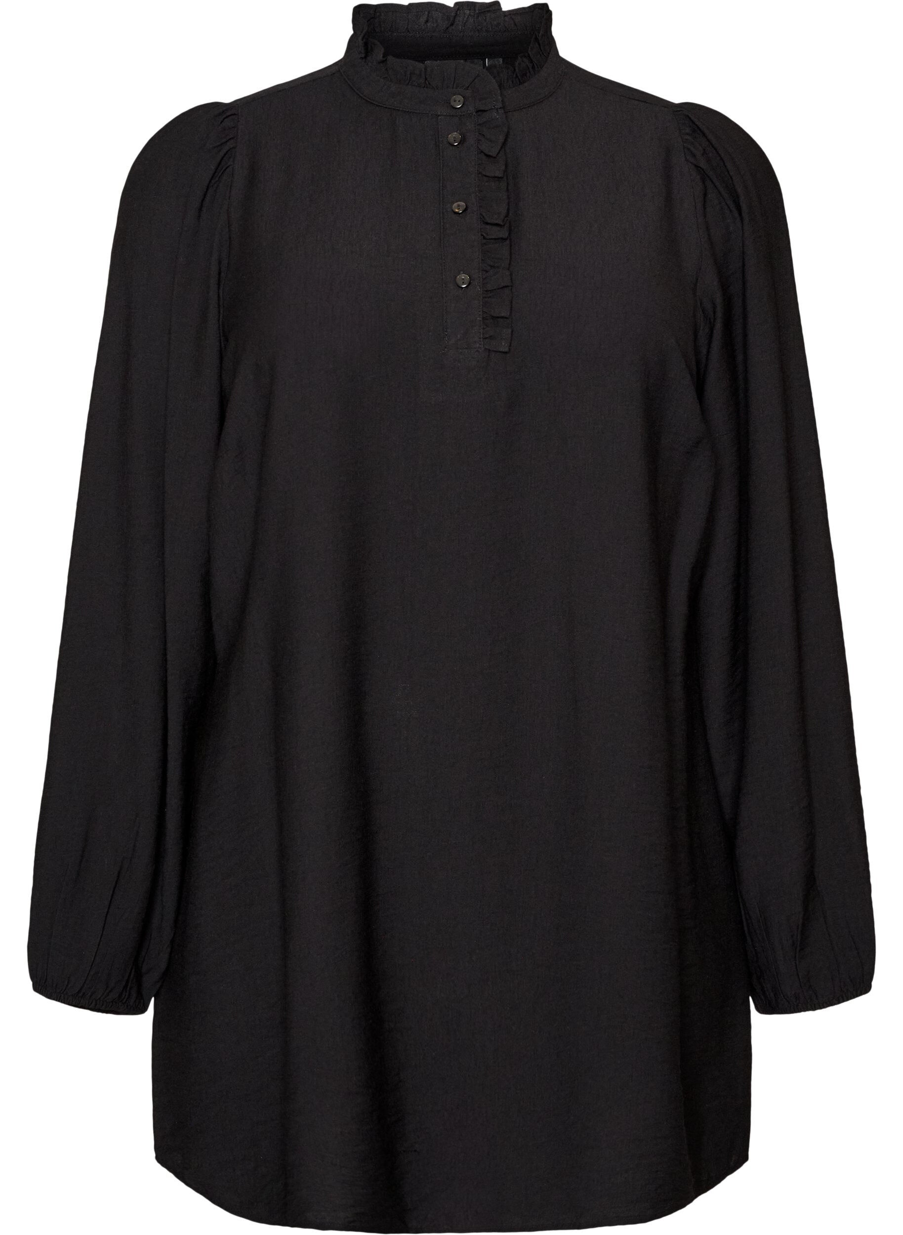 ZizzifashionViscose tunic with ruffles and buttons, Black, Packshot image number 0