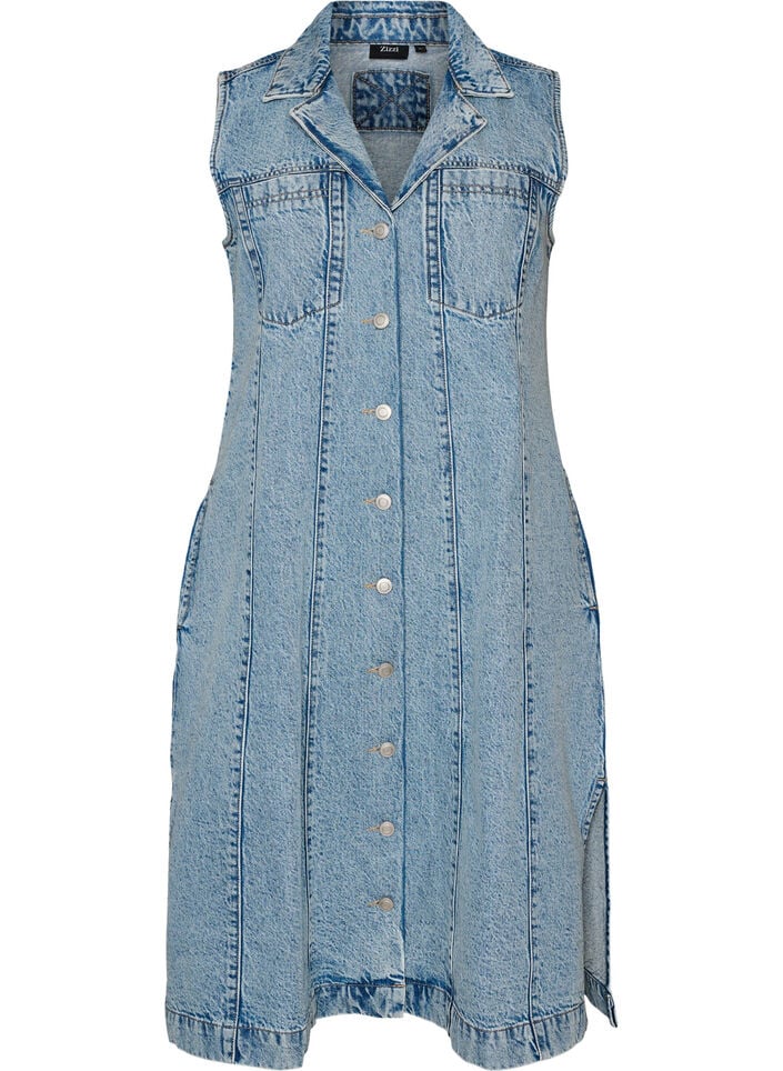 Sleeveless denim dress with button fastening and slits, Light Blue, Packshot