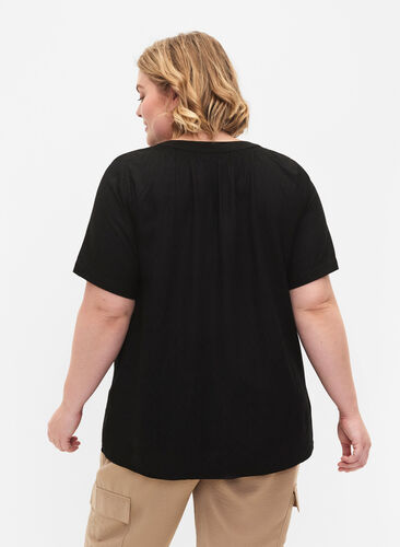 Short-sleeved viscose blouse with v-neck, Black, Model image number 1