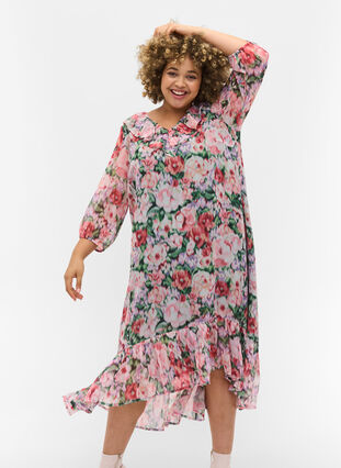 Floral printed midi dress with 3/4 sleeves and frills, Flower AOP, Model image number 0