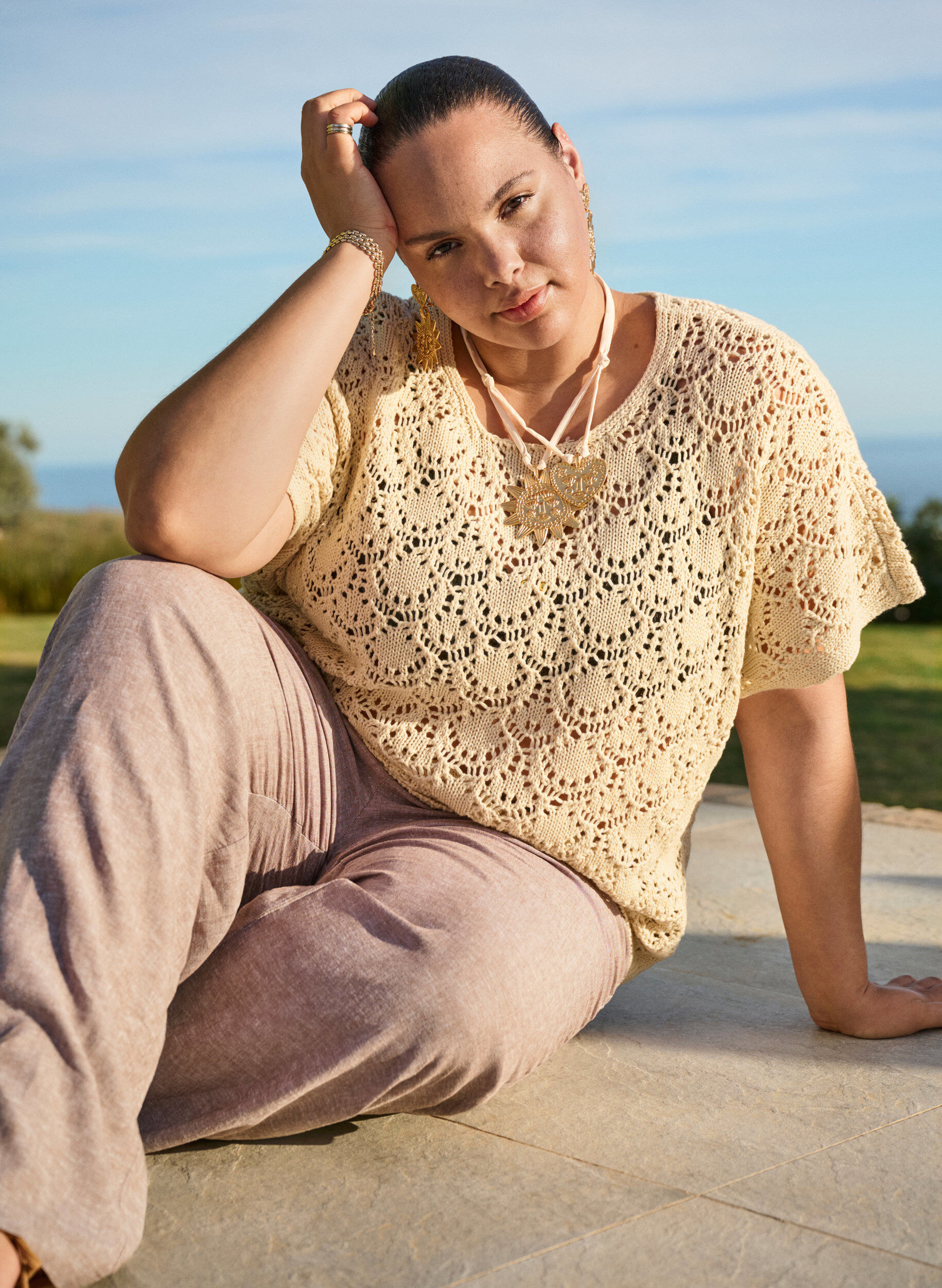 Zizzifashion Knitted blouse with short bat sleeves, Beige, Image image number 0