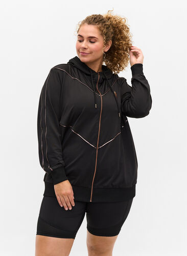 Sports cardigan with hood and zip, Black/Copper Lines, Model image number 0