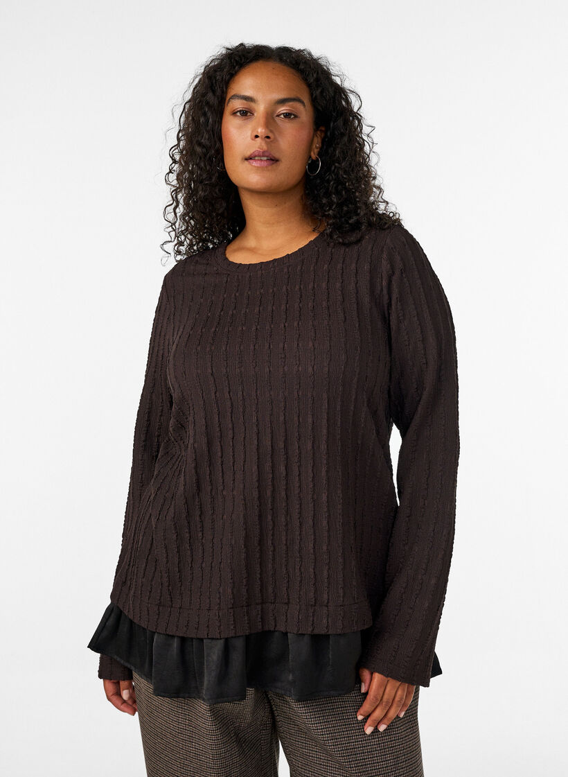 Structured blouse with ruffle hem, Brown, Model image number 0