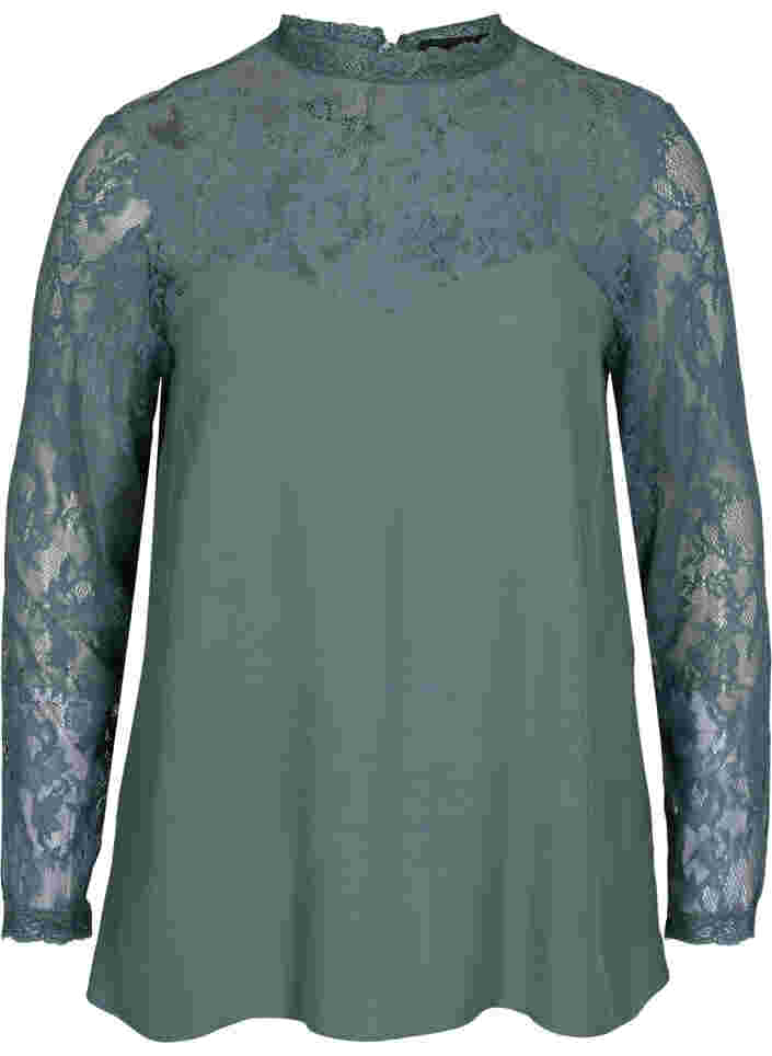 Long-sleeved viscose blouse with lace, Balsam Green, Packshot image number 0
