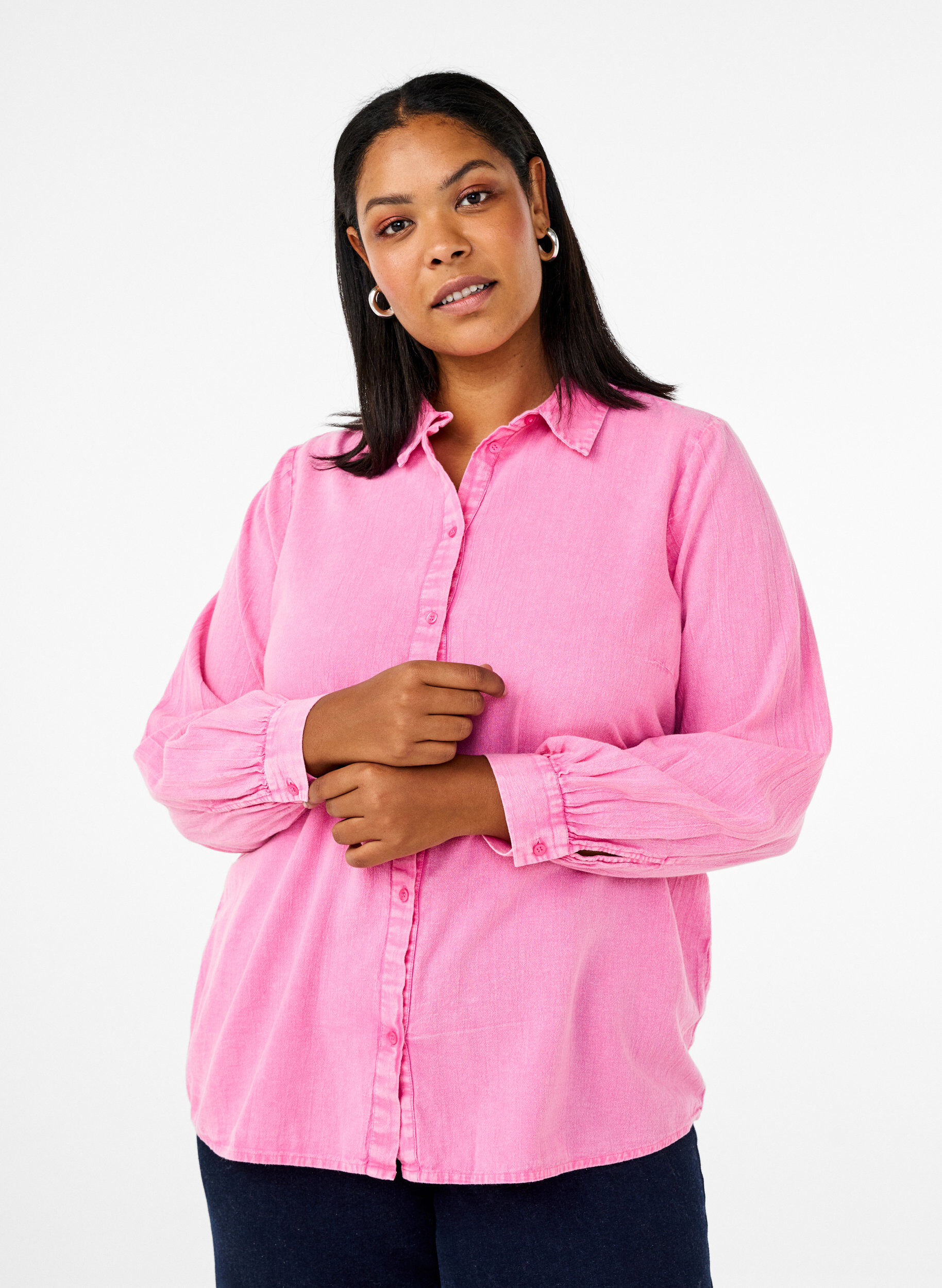 Zizzifashion Solid coloured denim shirt, Pink Power, Model image number 0