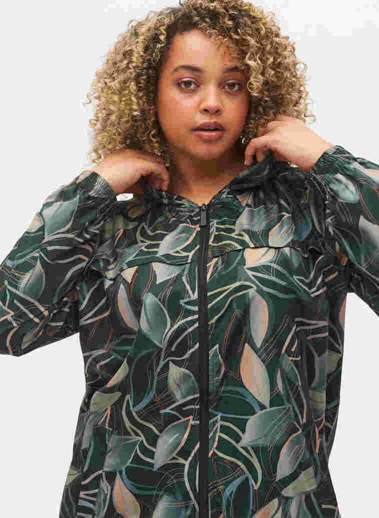 Printed hooded workout jacket with zip, Leaf Print, Model image number 2