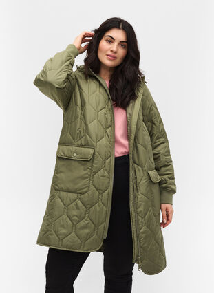 Hooded quilted jacket with large pockets, Vetiver, Model image number 0