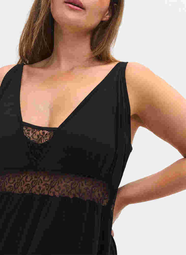 Viscose night dress with lace details, Black, Model image number 2