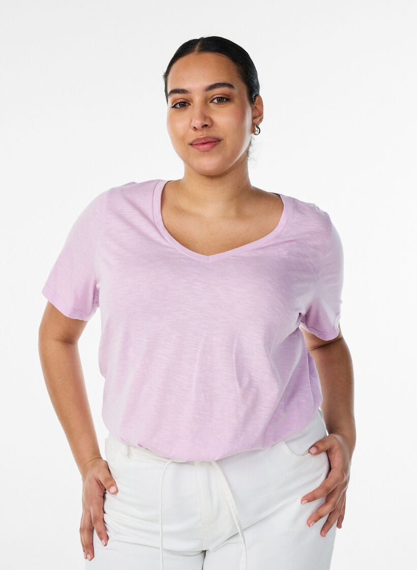 Short-sleeved basic t-shirt with v-neck, Purple, Model image number 0