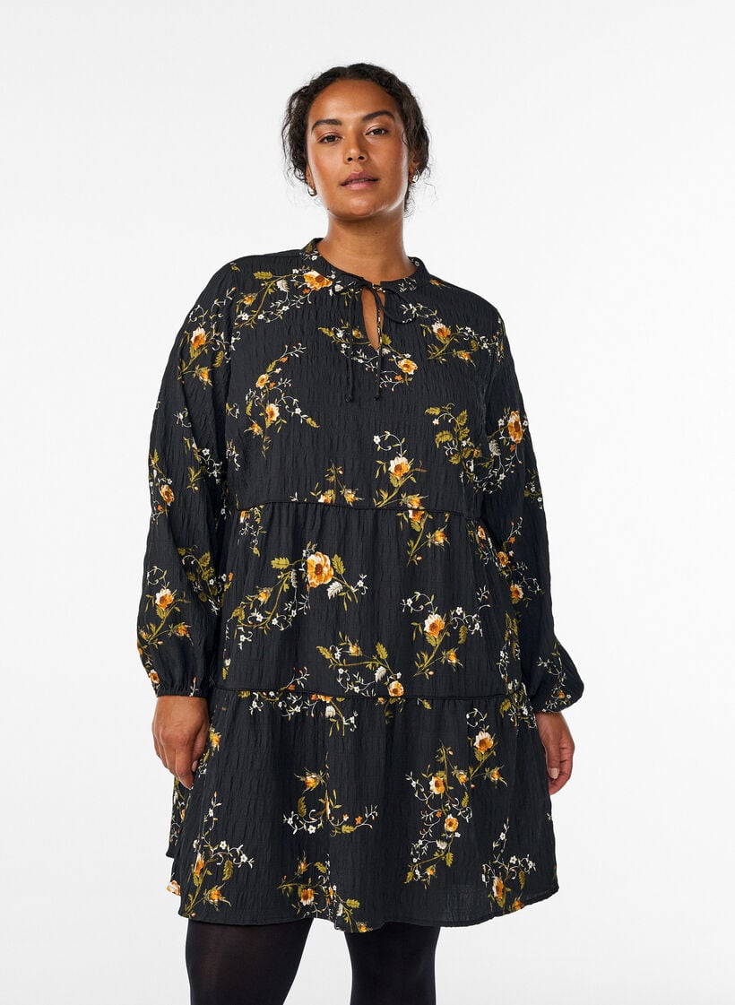 Floral print dress with tie fastening, Black, Model image number 0
