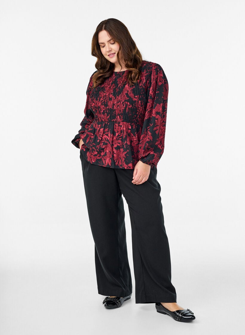 Blouse with smock and long sleeves, Black, Model image number 1