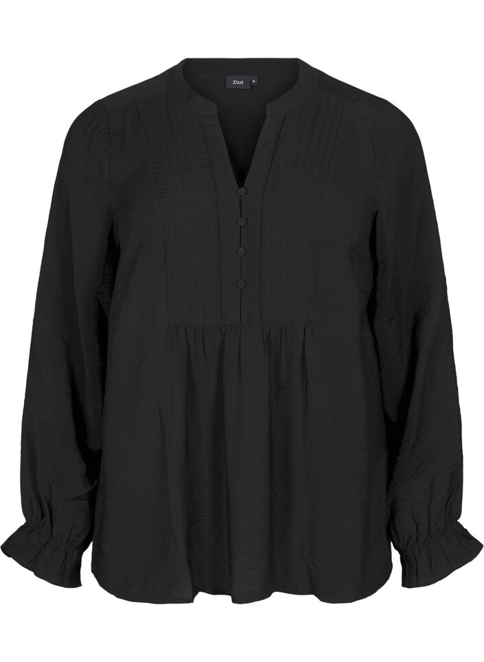 Long-sleeved blouse with a V-neck, Black, Packshot image number 0