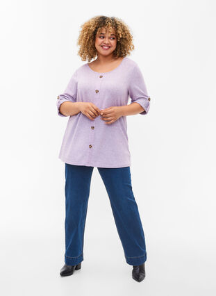 Blouse with buttons and 3/4 sleeves, Royal Lilac Melange, Model image number 2