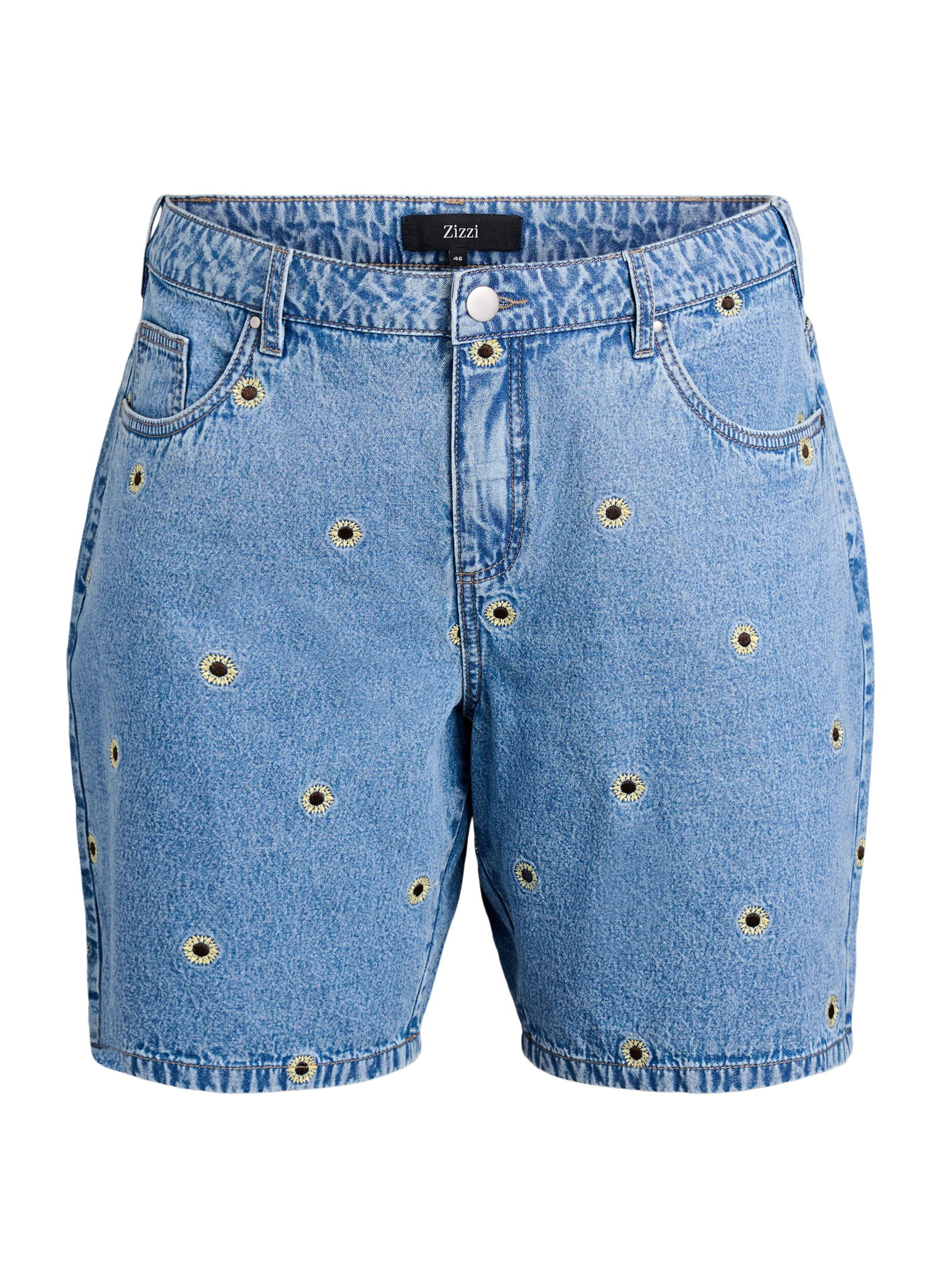 Zizzifashion Denim shorts with embroidered flowers, Light Blue, Packshot image number 0