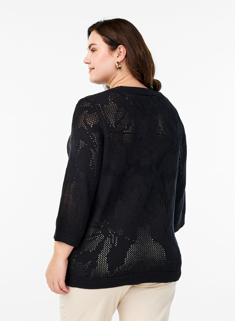 Knit blouse with an openwork pattern and 3/4 sleeves, Black, Model image number 1