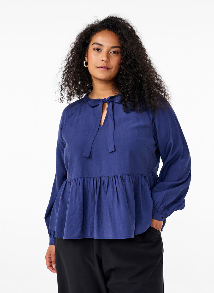Blouse with bow and long sleeves, Blue, Model image number 0