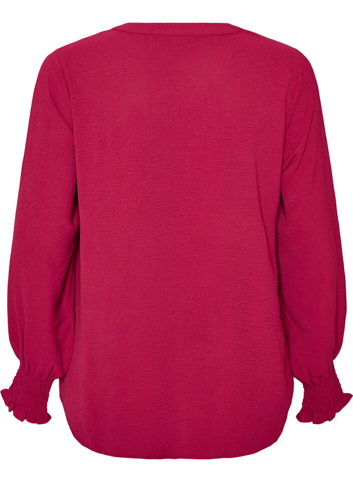 Blouse with smock cuffs and V-neck, Red, Packshot image number 1