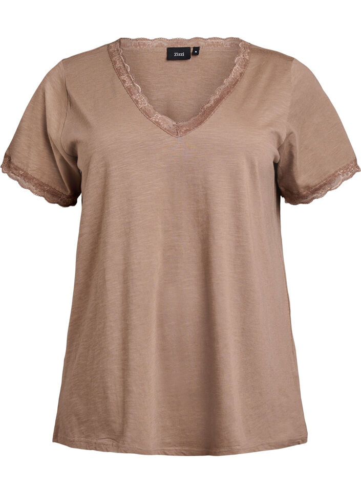 T-shirt with lace trim, Brown, Packshot image number 0