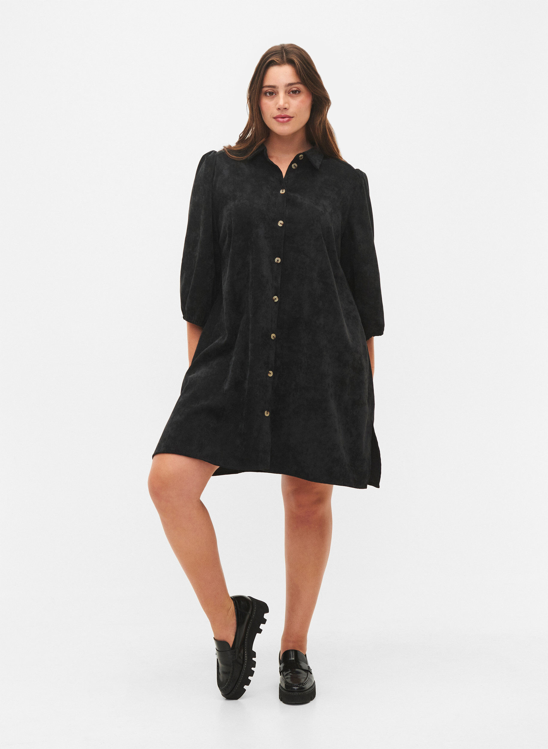 Zizzifashion Corduroy dress with 3/4 sleeves and buttons, Black, Model image number 2