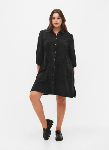 Corduroy dress with 3/4 sleeves and buttons, Black, Model image number 2