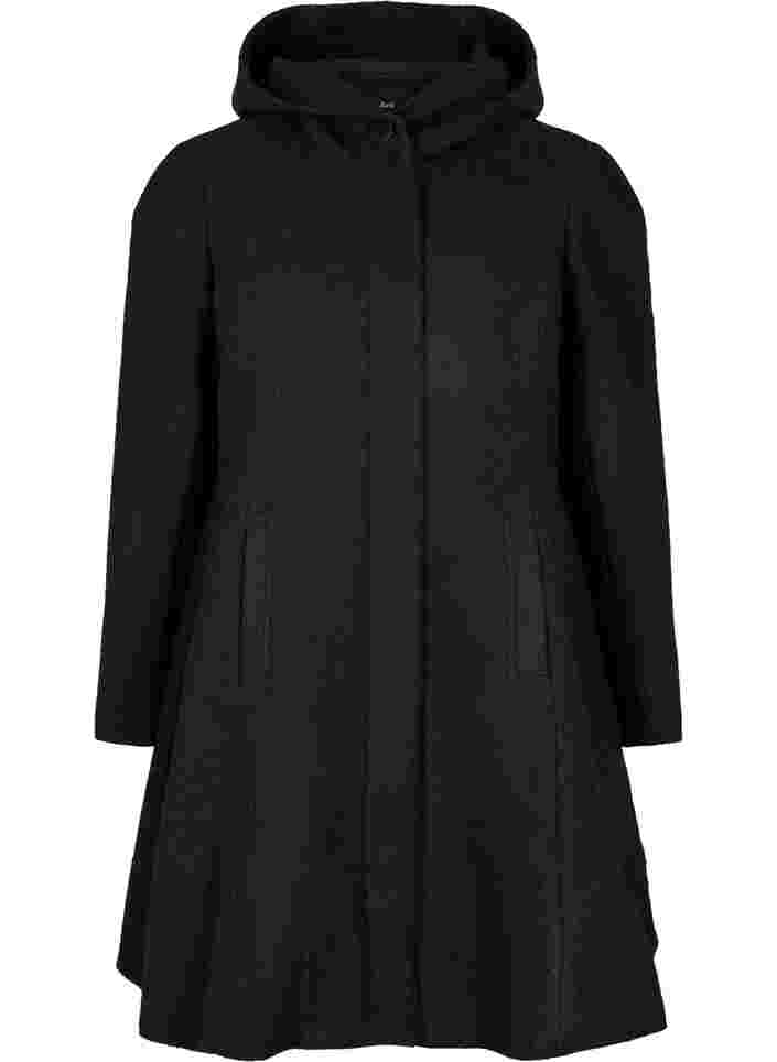 Coat with a hood and A-line cut, Black, Packshot image number 0