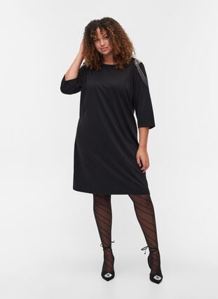 3/4 sleeve beaded dress, Black, Model image number 3