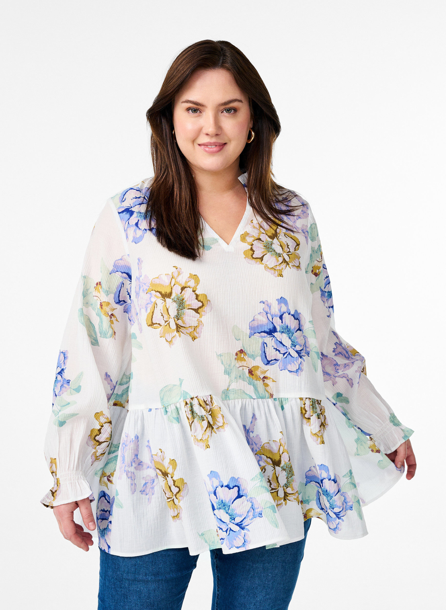 Zizzifashion Pleated tunic with long sleeves and floral print, White, Model image number 0