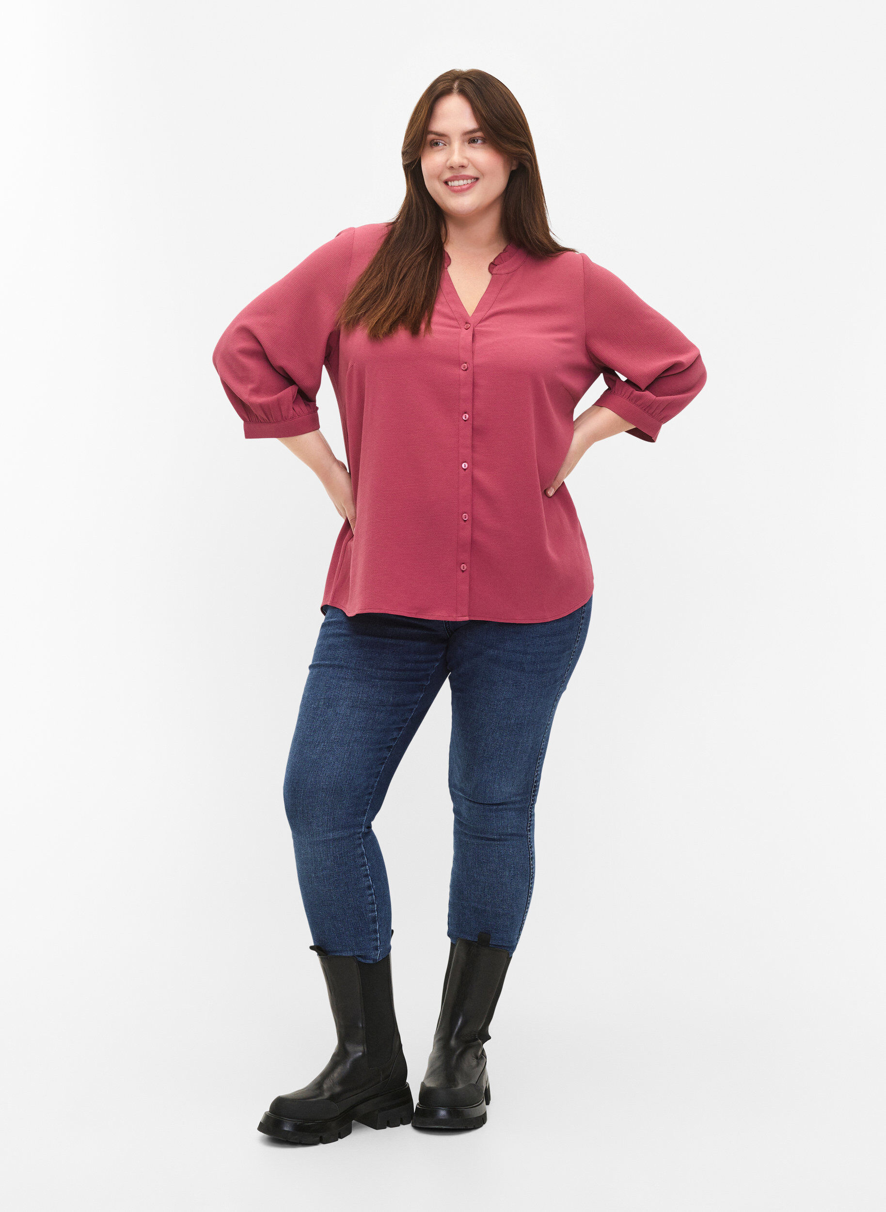 Zizzifashion Shirt blouse with 3/4 sleeves and ruffle collar, Dry Rose, Model image number 2