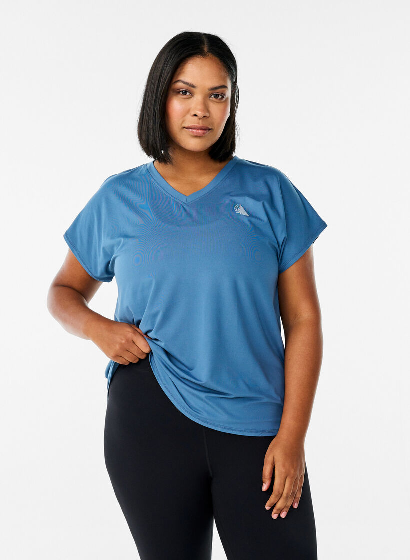 Short-sleeved workout t-shirt with v-neck, Petrol, Model image number 0