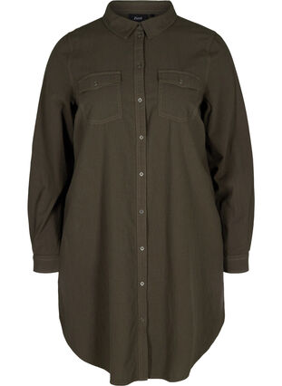 Long cotton shirt with chest pockets, Khaki Green, Packshot image number 0
