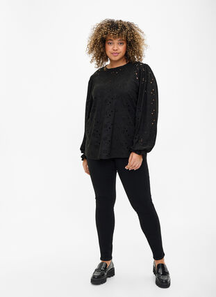 Long-sleeved blouse with hole pattern, Black, Model image number 2