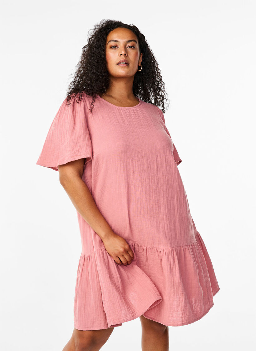 Cotton short-sleeved dress with a-line cut, Old Rose, Model image number 0