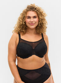 Lace cup bra with mesh, Black, Model
