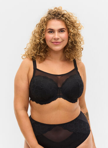 Lace cup bra with mesh, Black, Model image number 0