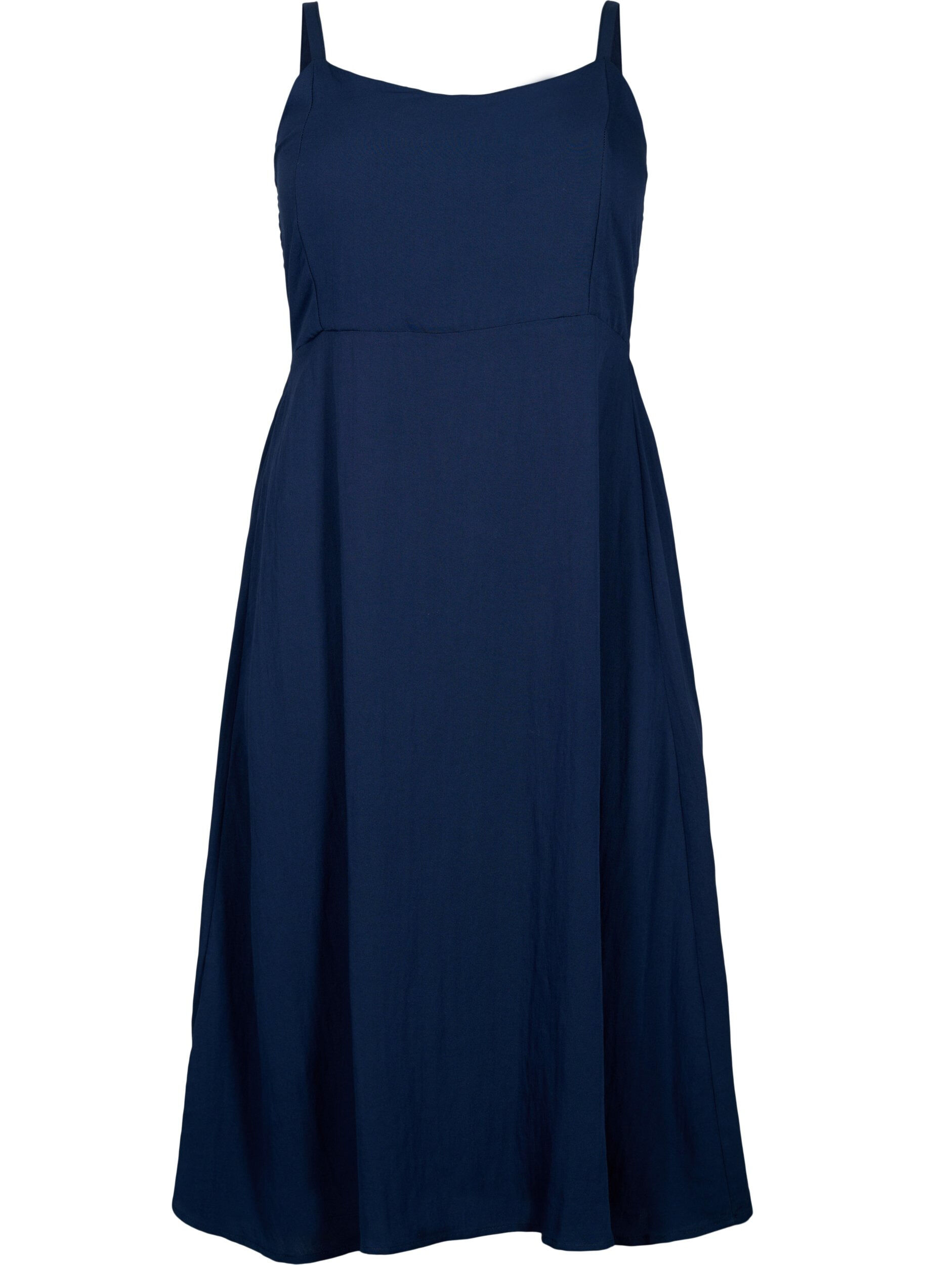 Zizzifashion Plain coloured viscose strap dress with smock, Navy Blazer, Packshot image number 0