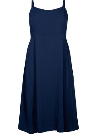 Plain coloured viscose strap dress with smock, Navy Blazer, Packshot image number 0