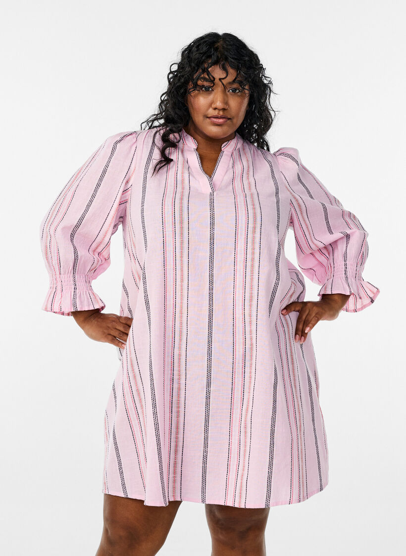 Short cotton dress with striped pattern, Rose, Model image number 0