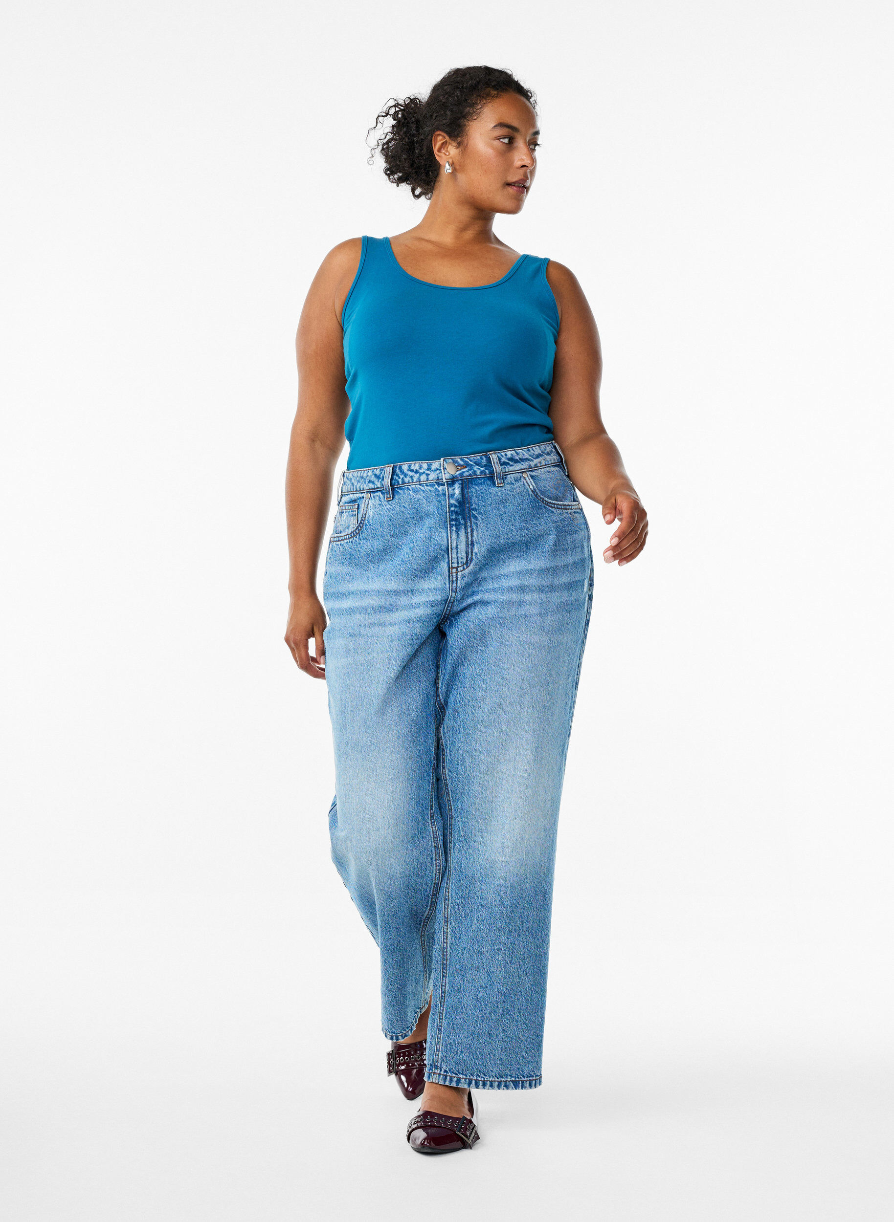 Zizzifashion Solid color basic top in cotton, Petrol, Model image number 1