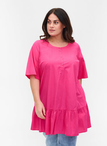 Short-sleeved A-line tunic in cotton, Magenta, Model image number 0