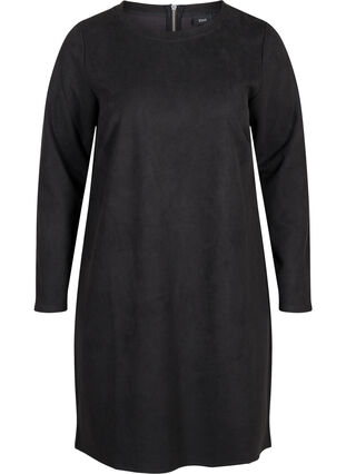 Plain 3/4 sleeve dress with rounded neckline, Black, Packshot image number 0