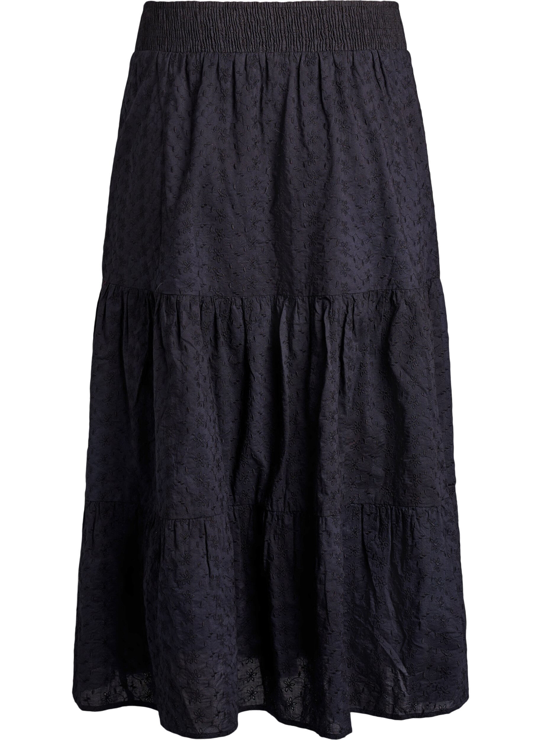 Zizzifashion Ankle-length cotton skirt with a smocked waist, Black, Packshot image number 1