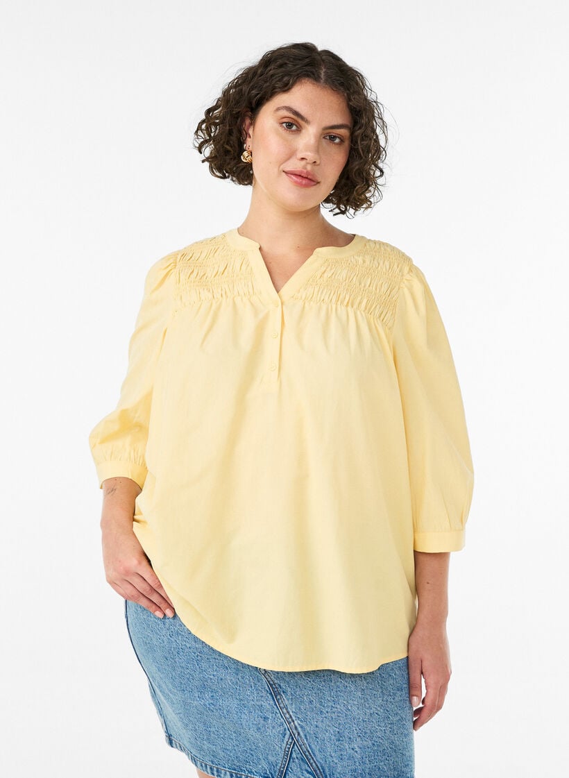 Blouse with smock and 3/4 sleeves, Yellow, Model image number 0