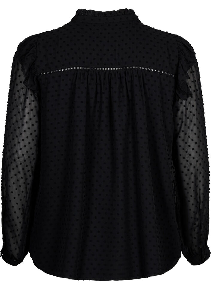 Shirt blouse with ruffles and dotted texture, Black, Packshot image number 1