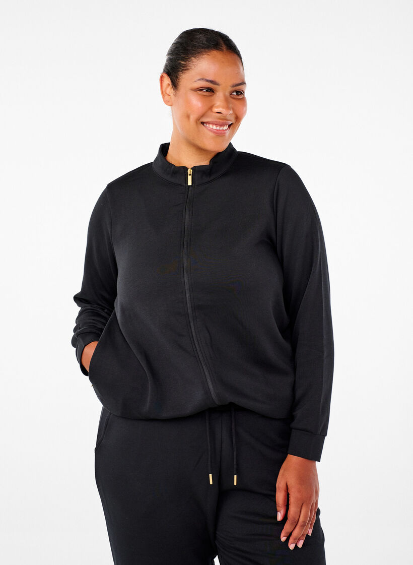 Sporty cardigan with zipper and pockets, Black, Model image number 0
