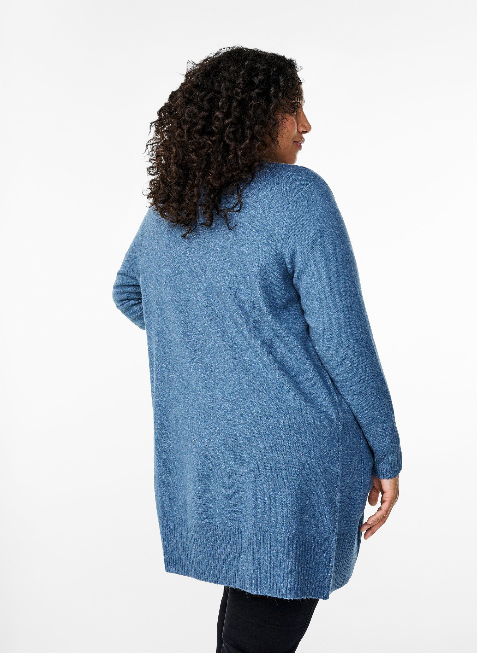 ZizzifashionRibbed Knit Cardigan with Pockets, Blue, Model image number 2
